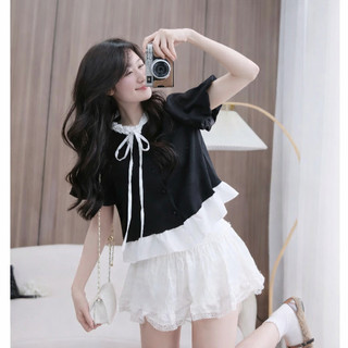 Áo thun cổ bèo đính nơ cổ tay bồng dáng ngắn dễ phối đồ, Áo kiểu Nữ Hàn Quốc LAVIAN A87