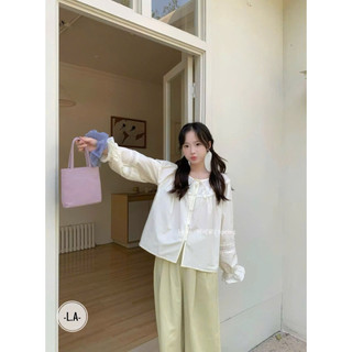 LOU BAE| (HÀNG QC SẴN) Áo Sơ Mi Nữ Tay Dài Cổ Tròn Chất Thô Boi Vintage
