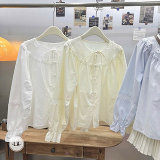 LOU BAE| (HÀNG QC SẴN) Áo Sơ Mi Nữ Tay Dài Cổ Tròn Chất Thô Boi Vintage