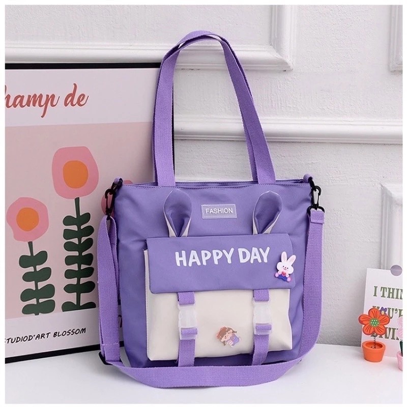 [Peinn] Túi tote đeo 2 kiểu, túi đi học thêm TAI THỎ Happyday vừa A4 -TT21