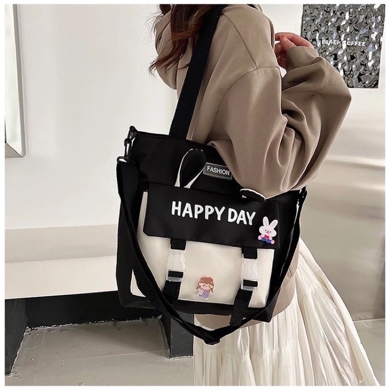 [Peinn] Túi tote đeo 2 kiểu, túi đi học thêm TAI THỎ Happyday vừa A4 -TT21