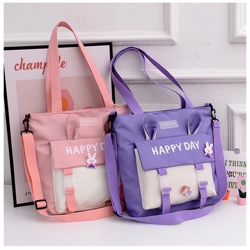 [Peinn] Túi tote đeo 2 kiểu, túi đi học thêm TAI THỎ Happyday vừa A4 -TT21