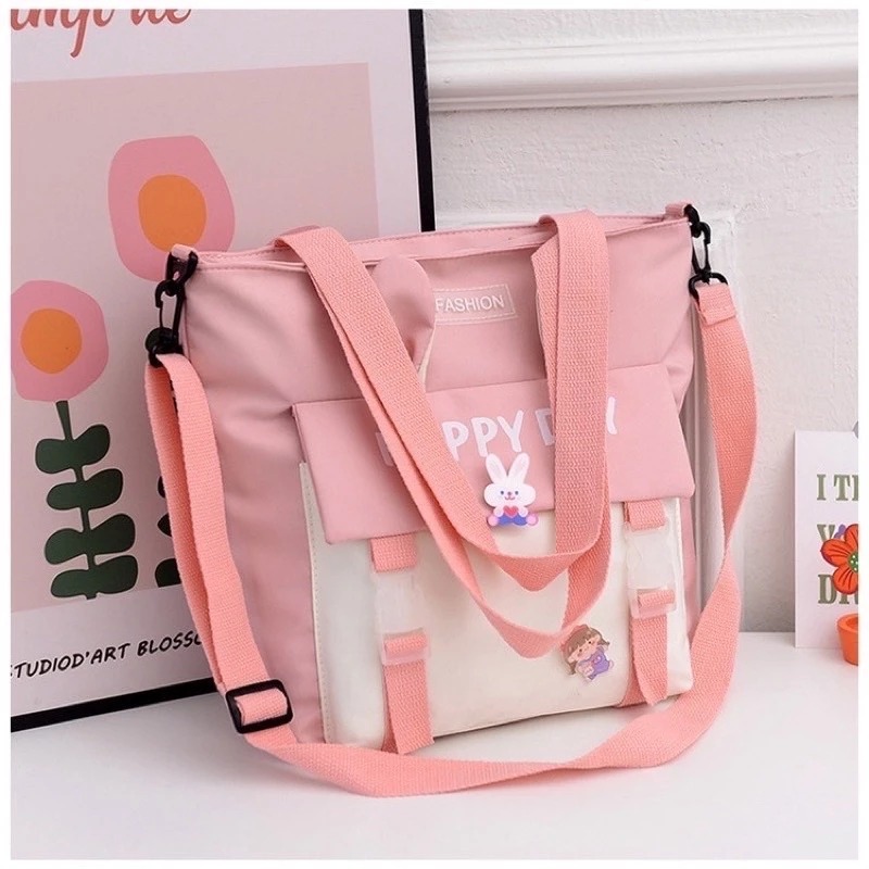 [Peinn] Túi tote đeo 2 kiểu, túi đi học thêm TAI THỎ Happyday vừa A4 -TT21