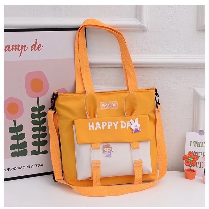 [Peinn] Túi tote đeo 2 kiểu, túi đi học thêm TAI THỎ Happyday vừa A4 -TT21