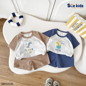 Bộ cotton mềm mát in hình dễ thương cho bé trai, bộ thun cổ tròn cộc tay mềm mát cho bé