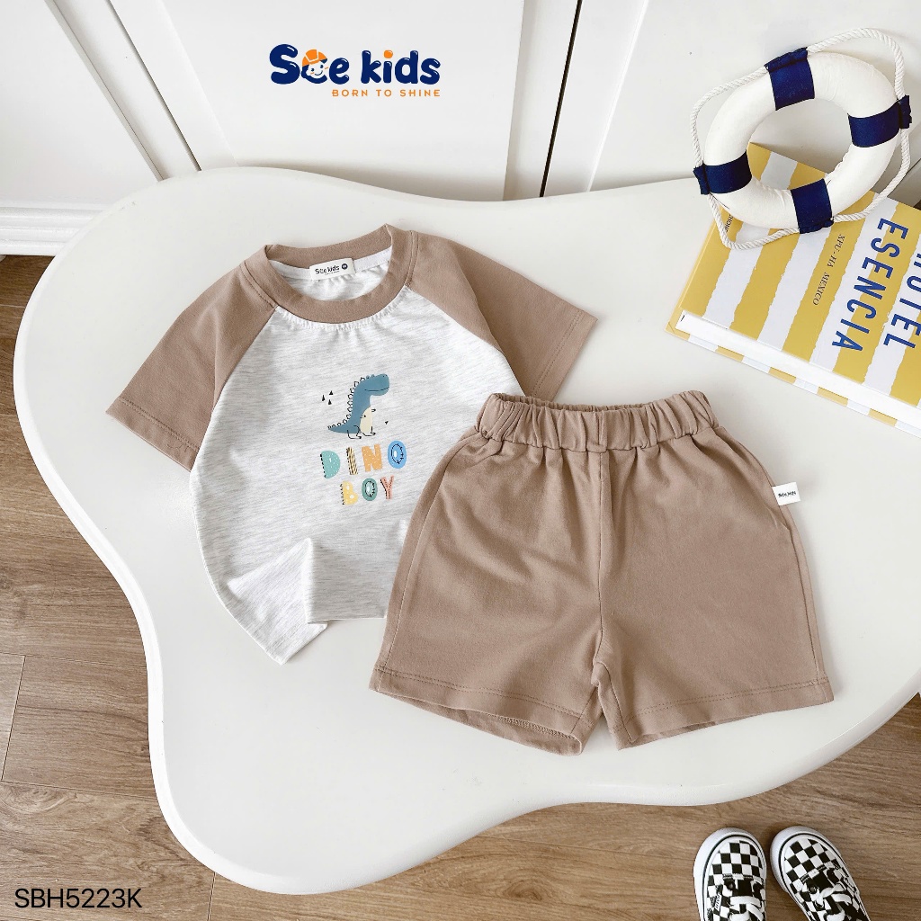 Bộ cotton mềm mát in hình dễ thương cho bé trai, bộ thun cổ tròn cộc tay mềm mát cho bé
