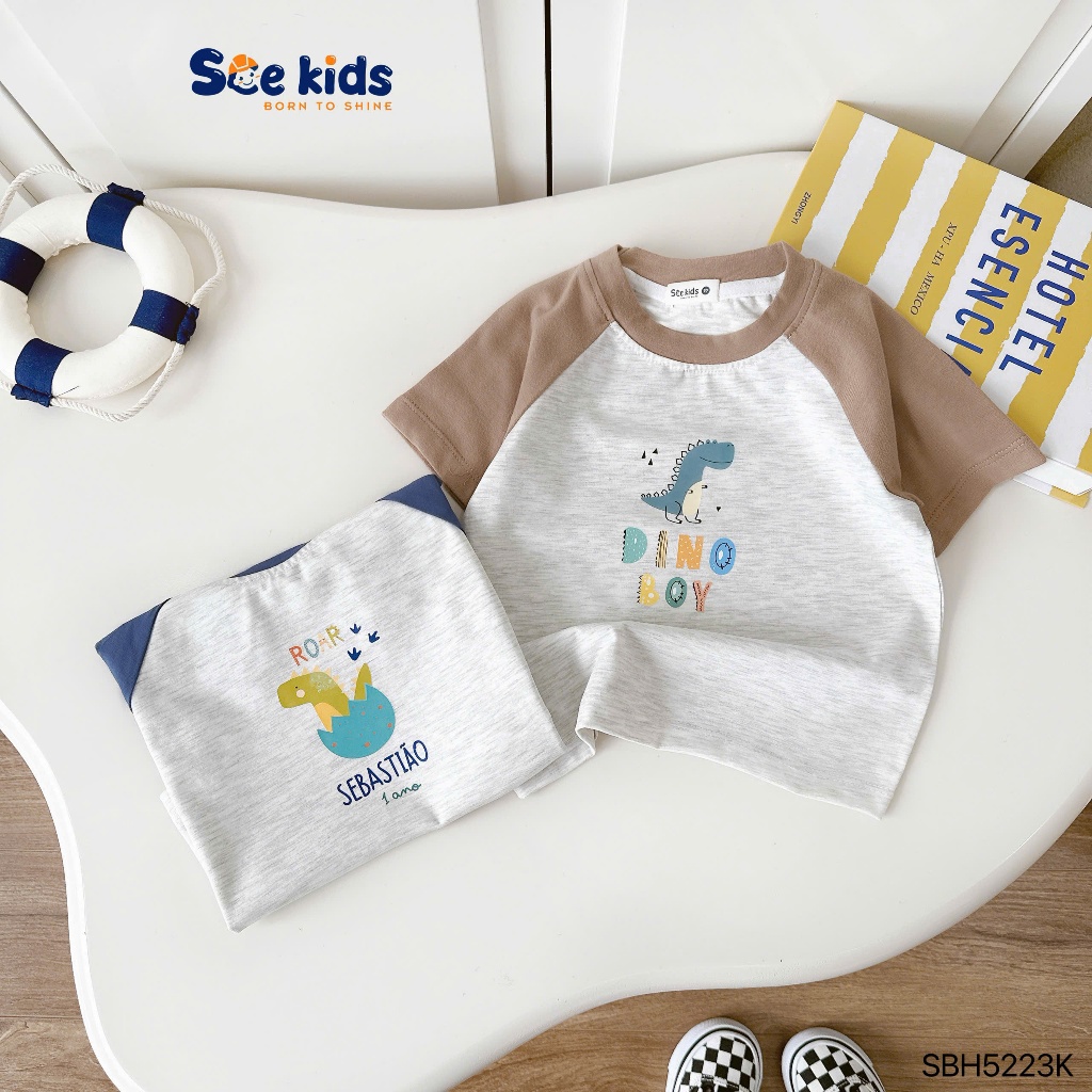 Bộ cotton mềm mát in hình dễ thương cho bé trai, bộ thun cổ tròn cộc tay mềm mát cho bé