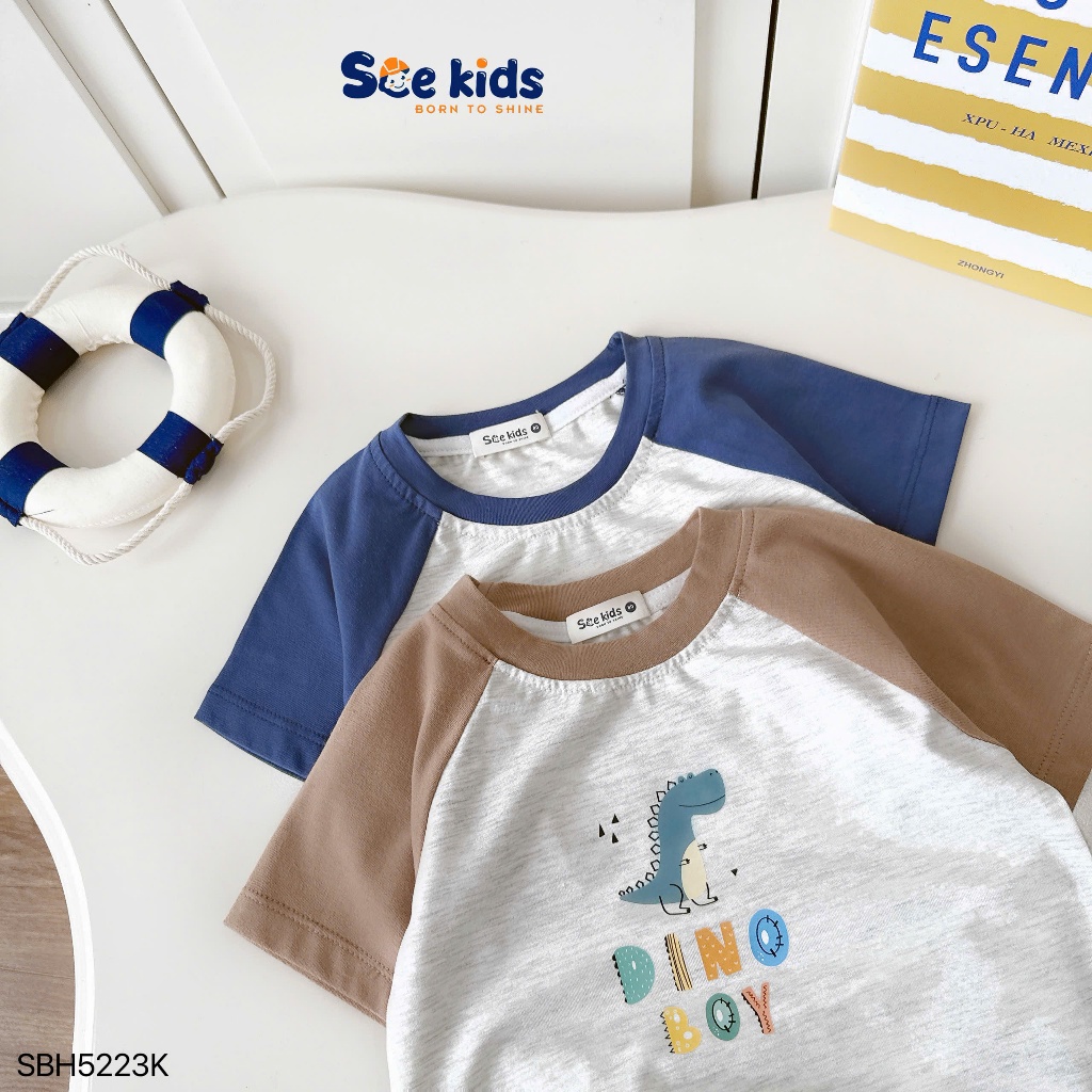 Bộ cotton mềm mát in hình dễ thương cho bé trai, bộ thun cổ tròn cộc tay mềm mát cho bé