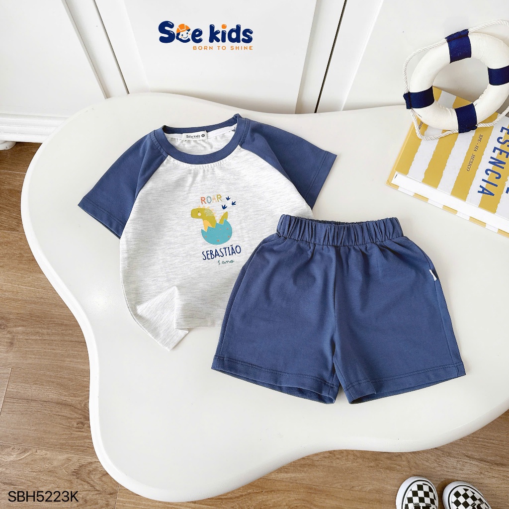 Bộ cotton mềm mát in hình dễ thương cho bé trai, bộ thun cổ tròn cộc tay mềm mát cho bé
