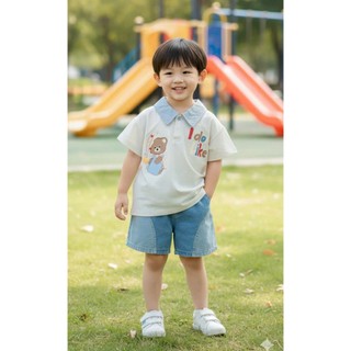 Set bộ polo cộc tay bé trai họa tiết gấu mix quần Jean, chất mềm mát thấm hút mồ hôi tốt