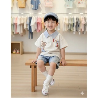 Set bộ polo cộc tay bé trai họa tiết gấu mix quần Jean, chất mềm mát thấm hút mồ hôi tốt