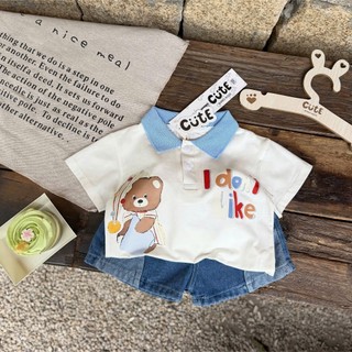 Set bộ polo cộc tay bé trai họa tiết gấu mix quần Jean, chất mềm mát thấm hút mồ hôi tốt