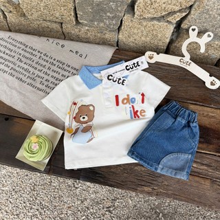 Set bộ polo cộc tay bé trai họa tiết gấu mix quần Jean, chất mềm mát thấm hút mồ hôi tốt