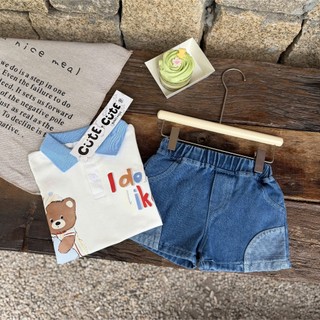 Set bộ polo cộc tay bé trai họa tiết gấu mix quần Jean, chất mềm mát thấm hút mồ hôi tốt
