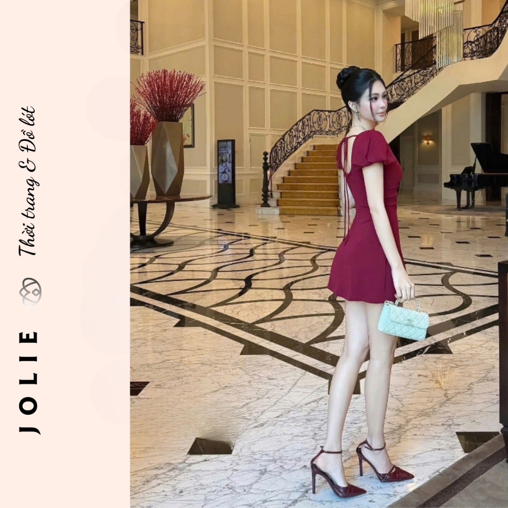 Váy Dáng A Cổ Tim Nhún Ngực Đính Cúc Đồng Sang Trọng JOLIE