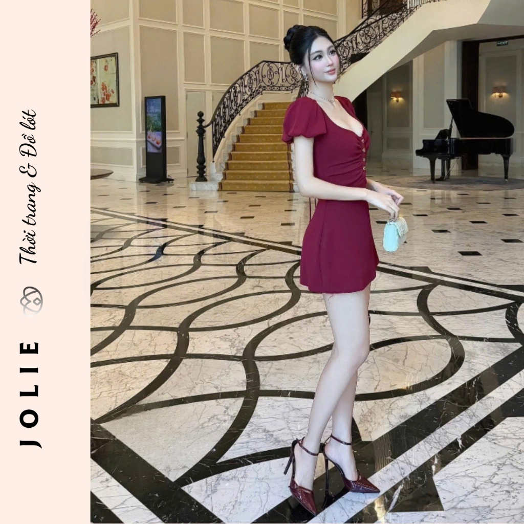 Váy Dáng A Cổ Tim Nhún Ngực Đính Cúc Đồng Sang Trọng JOLIE