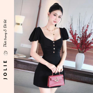 Váy Dáng A Cổ Tim Nhún Ngực Đính Cúc Đồng Sang Trọng JOLIE