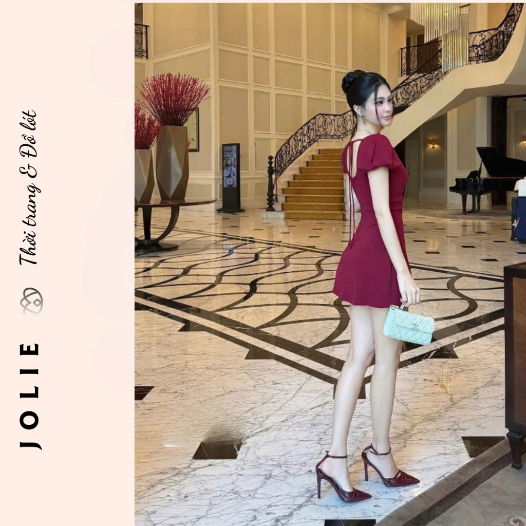 Váy Dáng A Cổ Tim Nhún Ngực Đính Cúc Đồng Sang Trọng JOLIE