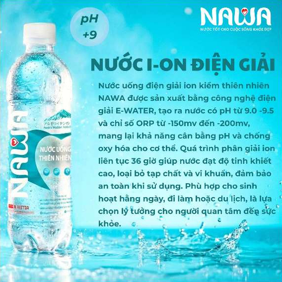 NAWA Nước Uống Ion Kiềm Thiên Nhiên - Thùng 24 Chai - Công Nghệ Điện Giải E-Water Từ Nhật Bản