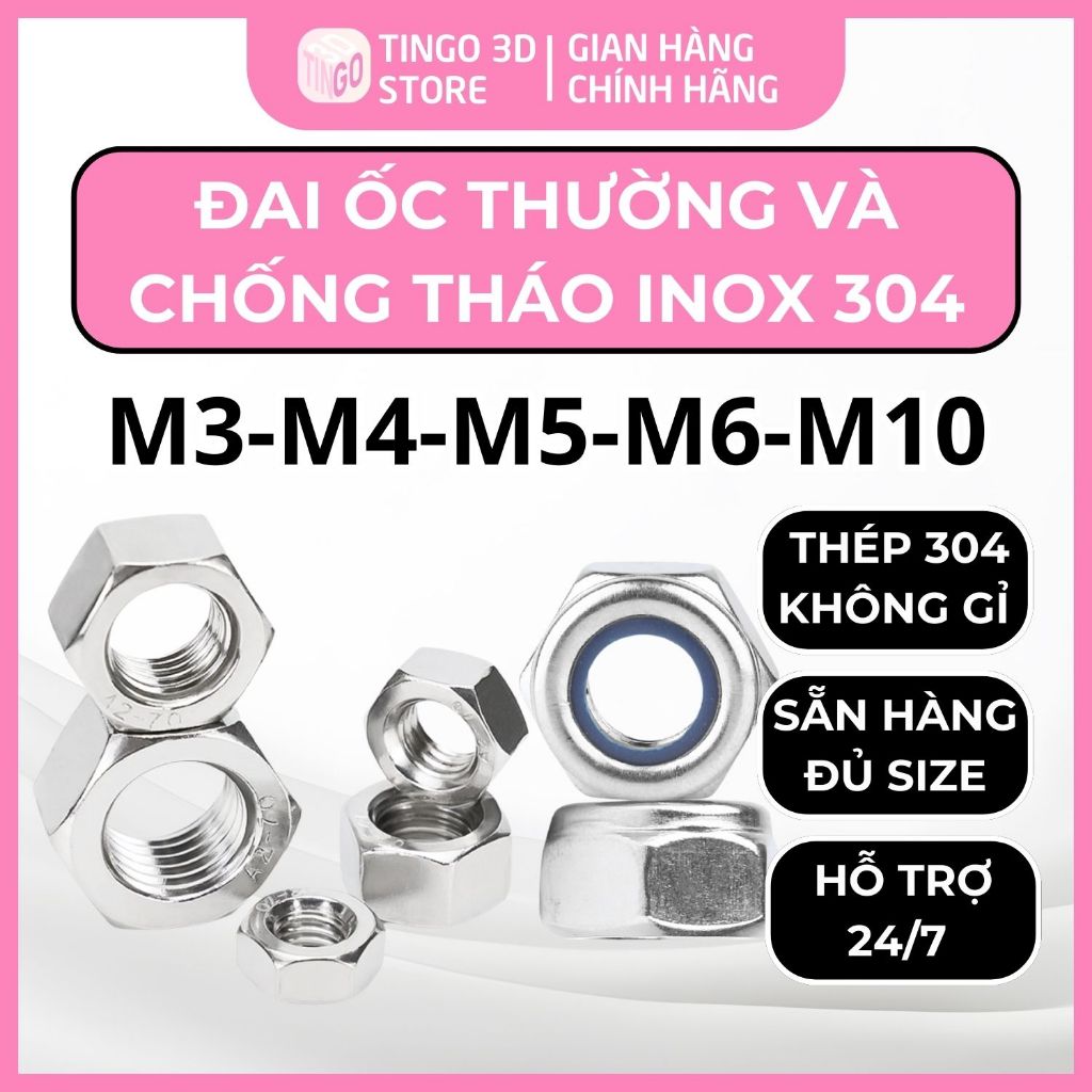 Set 10 Đai ốc Inox 304 Dùng Cho Bulong, ốc vít M3, M4, M5, M6, M8, M10 ...