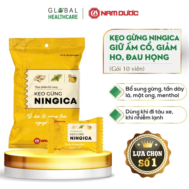 Kẹo gừng Ningica Nam Dược (Gói 10 viên) giảm say xe, huyết áp thấp, nhiễm lạnh