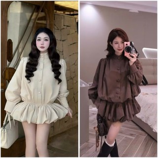 Váy Jum Kaki Mềm Cổ Tàu Cúc Bọc Gấu Bí Phồng Có Kèm Quần Bảo Hộ Dài Tay