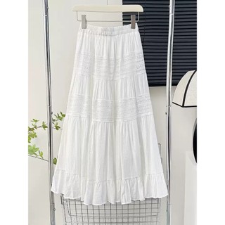 Chân Váy Dài Trắng Xếp Tầng Chất Đũi Tơ Phối Ren Dáng Xòe Lưng Chun Phong Cách Hàn Quốc V2402