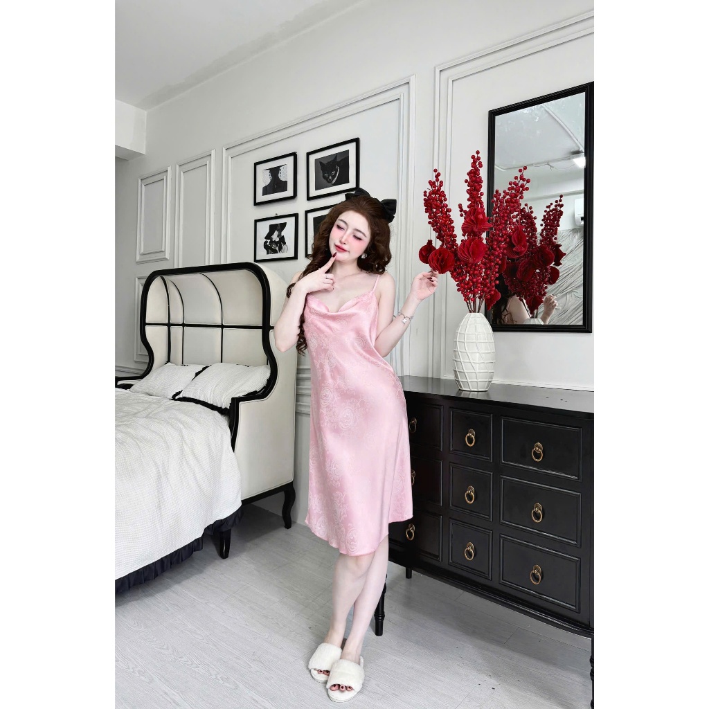 Đầm ngủ hai dây cổ đổ Vy Linh chất liệu lụa latin họa tiết hoa lá (TÙY LÔ) xinh xắn thoáng mát, mềm mại S1296