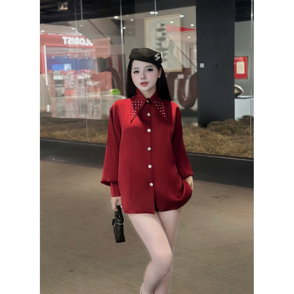 Áo sơmi lụa cổ nhọn đính đá chất đẹp