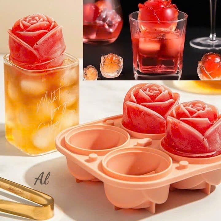 Khay Làm Đá Hình Hoa Hồng 4 Ô – Khuôn Silicone Làm Đá, Thạch, Rau Câu Trang Trí Đồ Uống