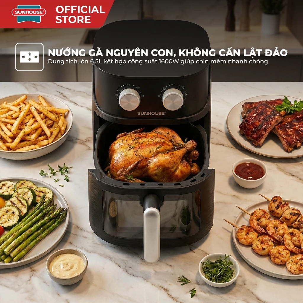 [Độc quyền] Nồi chiên không dầu 6.5L SUNHOUSE SHD4032 - Công nghệ Rapid Air giảm tới 80% dầu - Khoang chiên trong suốt