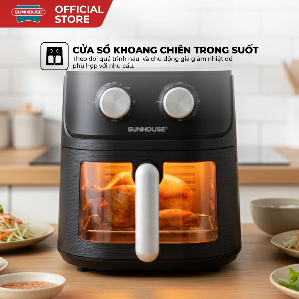 [Độc quyền] Nồi chiên không dầu 6.5L SUNHOUSE SHD4032 - Công nghệ Rapid Air giảm tới 80% dầu - Khoang chiên trong suốt