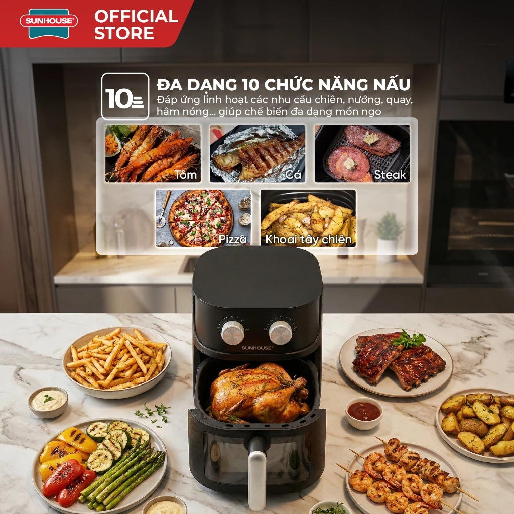 [Độc quyền] Nồi chiên không dầu 6.5L SUNHOUSE SHD4032 - Công nghệ Rapid Air giảm tới 80% dầu - Khoang chiên trong suốt