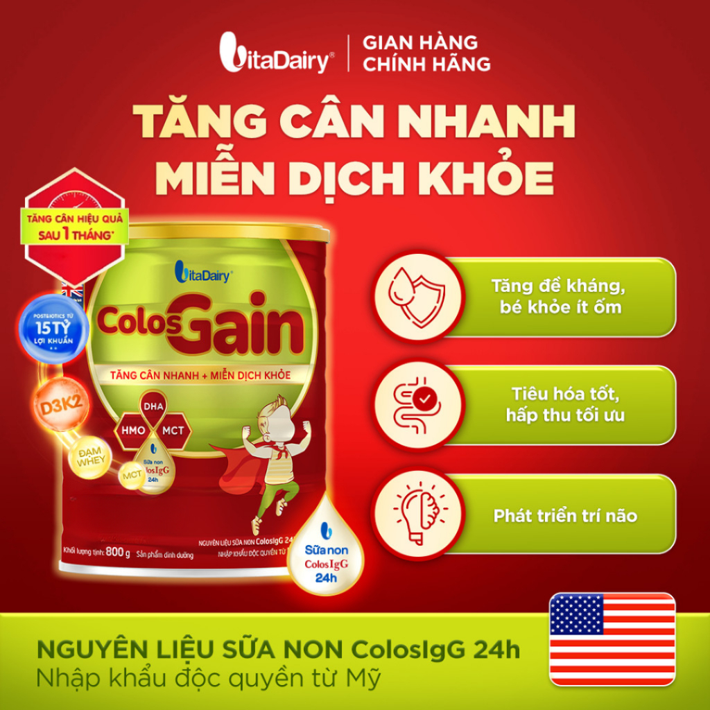 [NHIỀU GIAI ĐOẠN] Sữa bột Colos Gain cho trẻ – Bổ sung dinh dưỡng, hỗ trợ cân nặng – Lon 800g