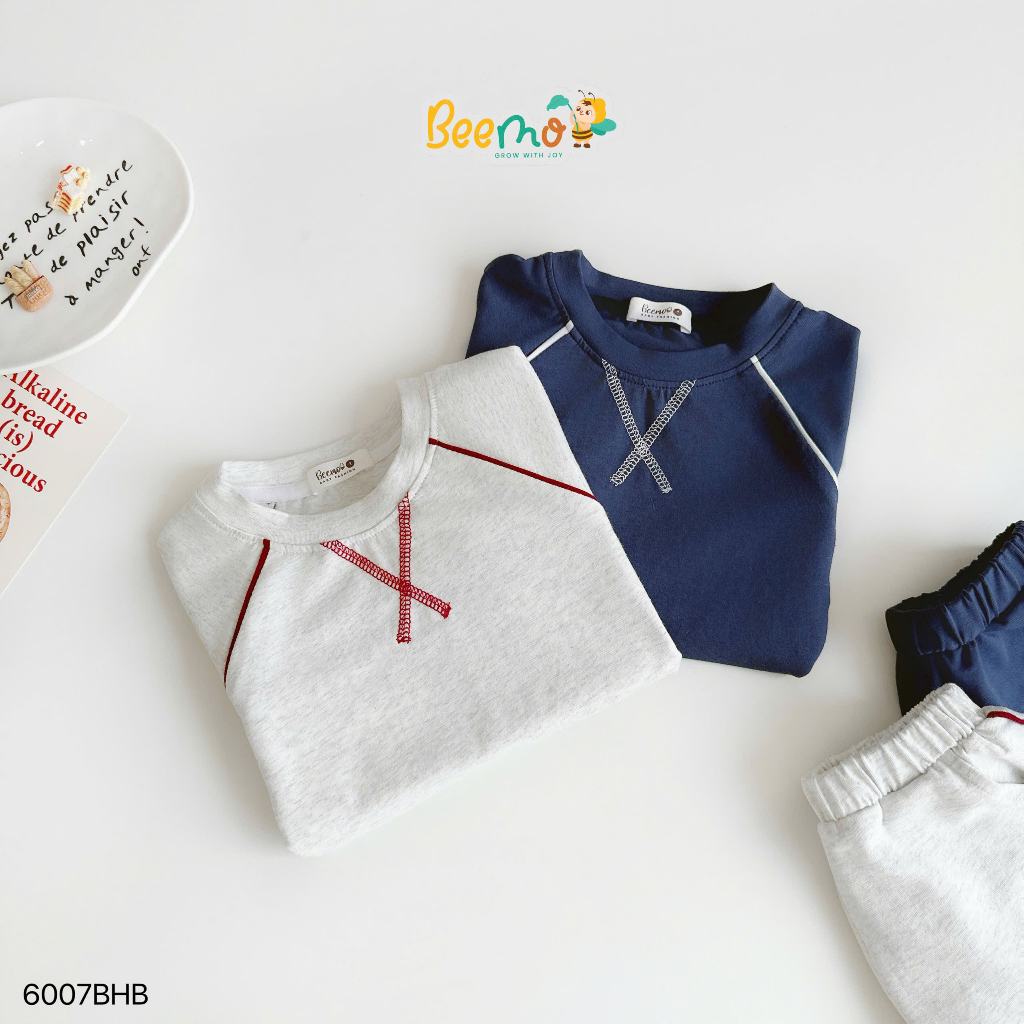 Bộ cotton cộc tay basic phối chỉ nổi, bộ thun cổ tròn mềm mát cho bé trai Beemo