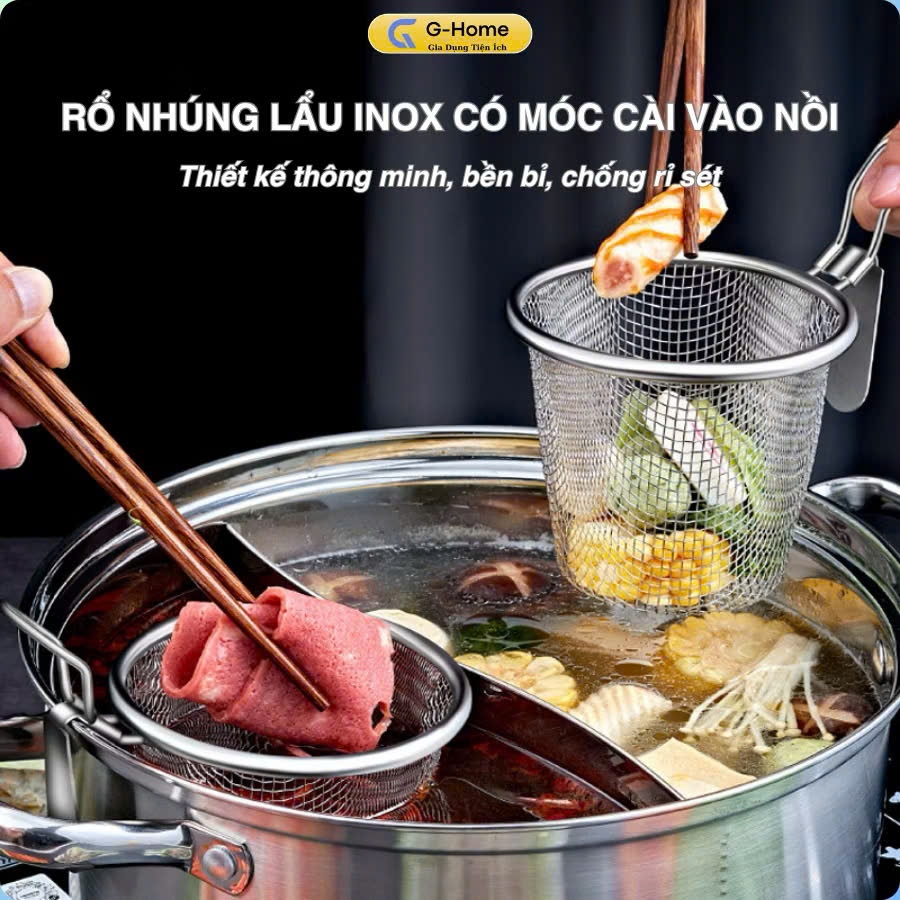 Rổ Nhúng Lẩu Inox 304 Có Móc Cài Nồi – Vợt Lưới Lọc Thực Phẩm Chống Gỉ, Dùng Cho Lẩu, Mì, Rau, Thịt Viên