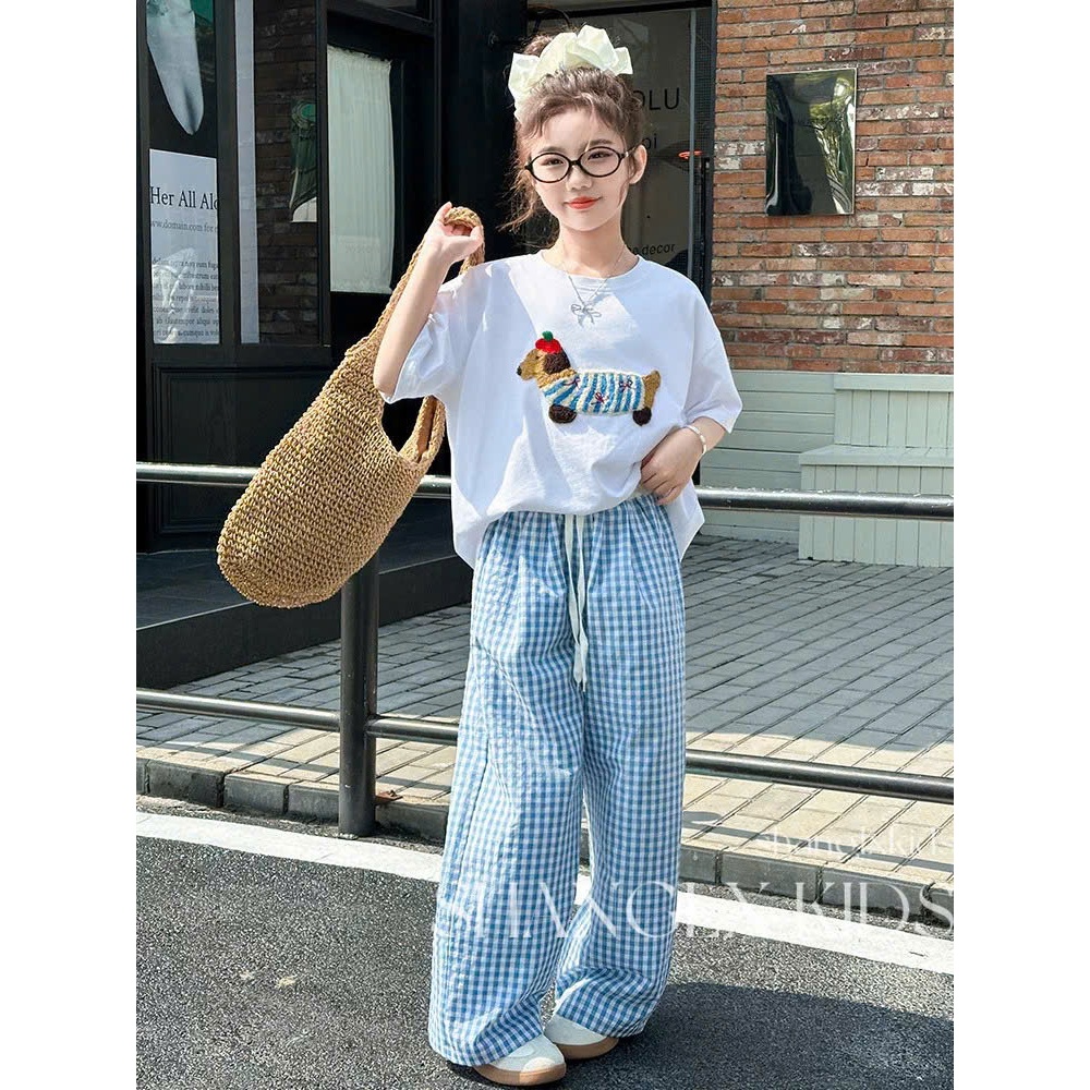Sét Đồ bé gái Quần Suông Caro Áo Thun Form Rộng In Hình Dễ Thương Phong Cách Năng Động Cho Bé sét đồ mùa hè cho mẹ bé