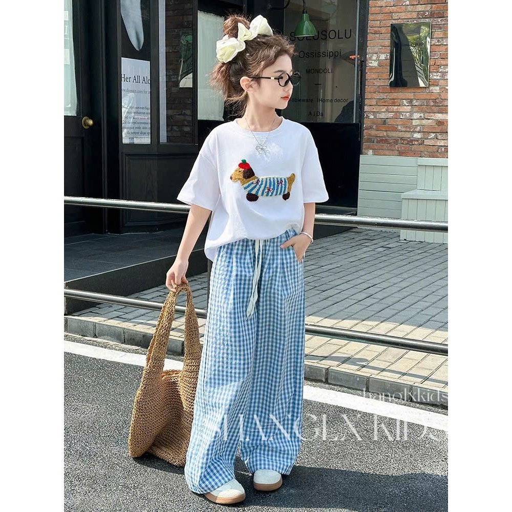 Sét Đồ bé gái Quần Suông Caro Áo Thun Form Rộng In Hình Dễ Thương Phong Cách Năng Động Cho Bé sét đồ mùa hè cho mẹ bé