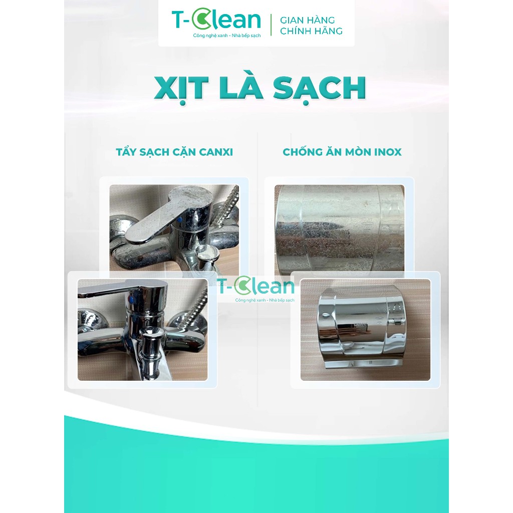 Chai xịt đa năng nhà tắm TClean tẩy cặn canxi, ố vàng, làm sạch bóng vòi sen, inox, lavabo