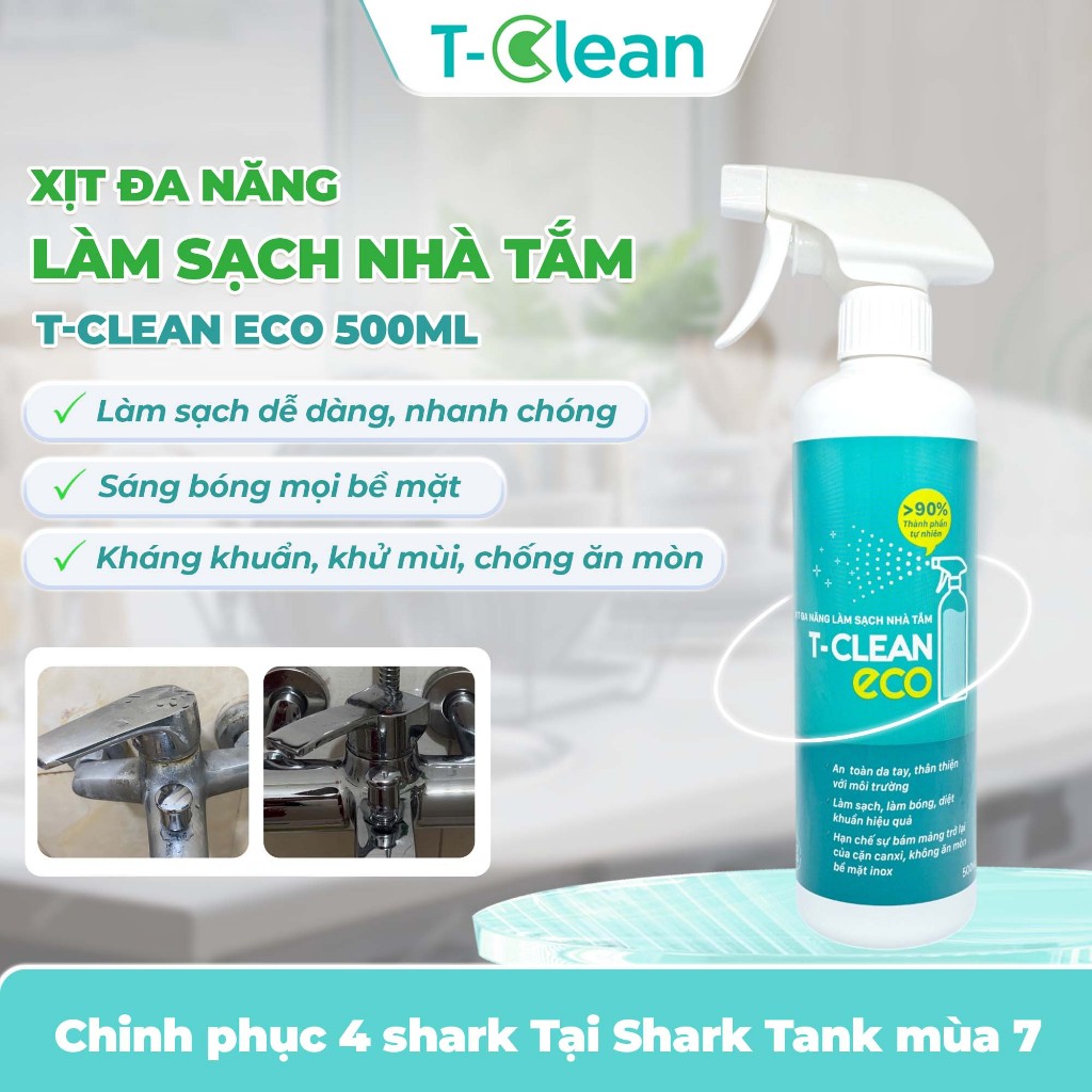 Chai xịt đa năng nhà tắm TClean tẩy cặn canxi, ố vàng, làm sạch bóng vòi sen, inox, lavabo