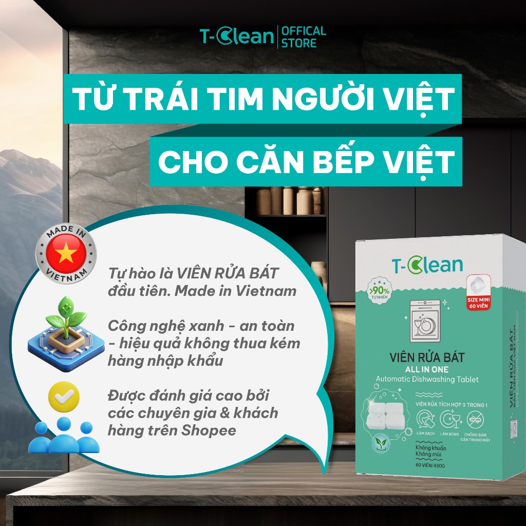Viên Rửa Bát  All in one Mini 8g T-Clean cho máy rửa bát 4-8 bộ, Tp Tự nhiên, không mùi nồng