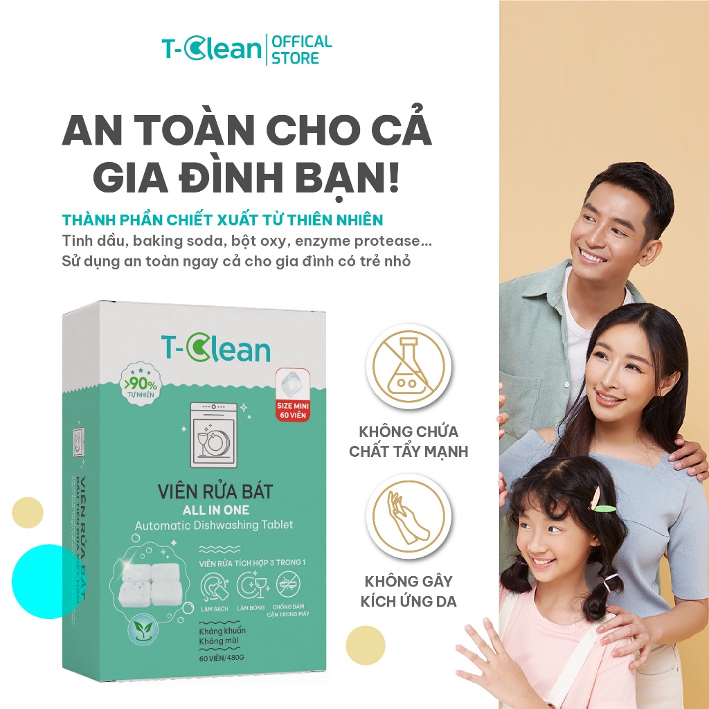 Viên Rửa Bát  All in one Mini 8g T-Clean cho máy rửa bát 4-8 bộ, Tp Tự nhiên, không mùi nồng