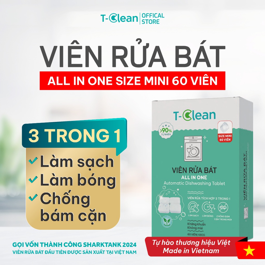 Viên Rửa Bát  All in one Mini 8g T-Clean cho máy rửa bát 4-8 bộ, Tp Tự nhiên, không mùi nồng