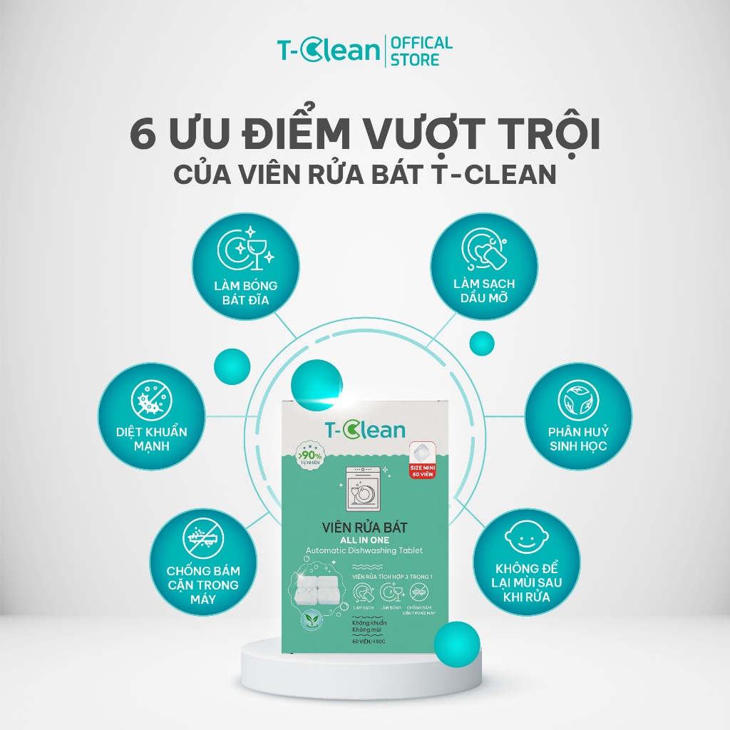 Viên Rửa Bát  All in one Mini 8g T-Clean cho máy rửa bát 4-8 bộ, Tp Tự nhiên, không mùi nồng