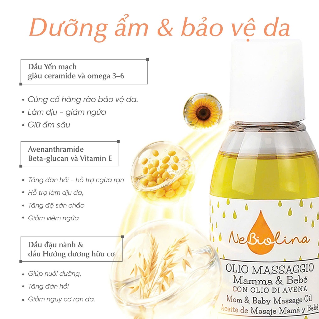 Dầu Massage cho Mẹ & Bé chiết xuất Yến Mạch Hữu Cơ NeBiolina,Làm Mờ Vết Rạn Cho Mẹ Và Dưỡng Ẩm Cho Bé 100ml