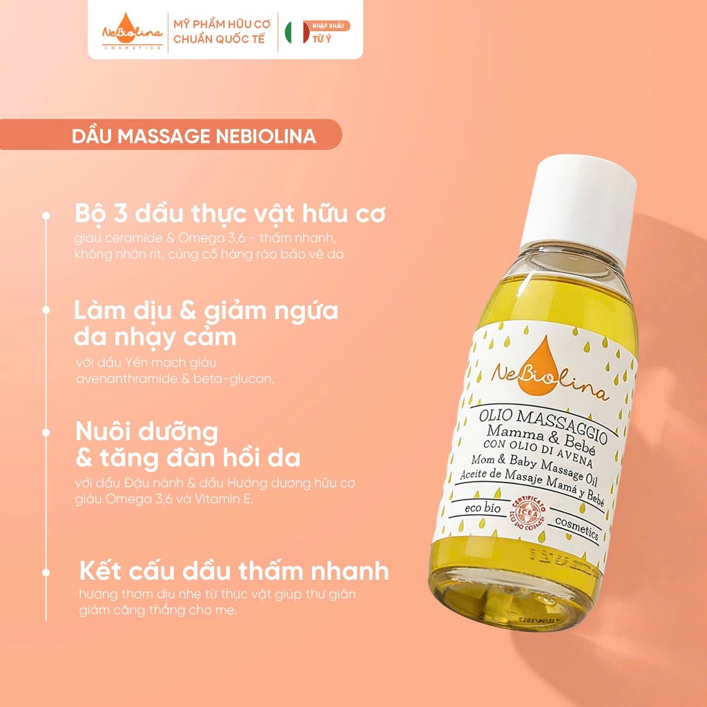 Dầu Massage cho Mẹ & Bé chiết xuất Yến Mạch Hữu Cơ NeBiolina,Làm Mờ Vết Rạn Cho Mẹ Và Dưỡng Ẩm Cho Bé 100ml