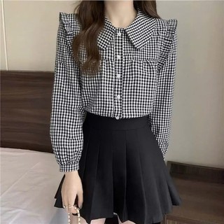 Áo sơ mi cách điệu kẻ caro phối cổ bèo, tay bồng thích hợp mặc đi làm đi chơi K9.