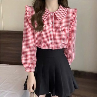 Áo sơ mi cách điệu kẻ caro phối cổ bèo, tay bồng thích hợp mặc đi làm đi chơi K9.