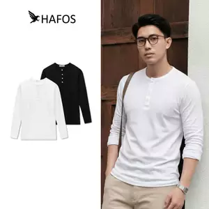 Áo Thun Dài Tay Nam Cổ Trụ cài cúc Trơn HAFOS, áo thun nam dài tay cổ V chất liệu cotton 4 chiều, form Slim Fit