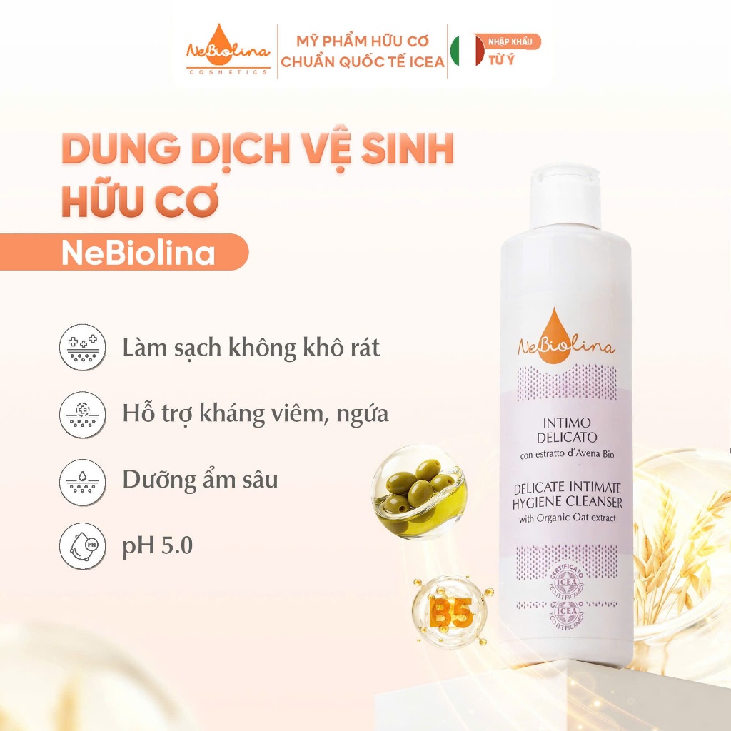 Dung dịch vệ sinh phụ nữ chiết xuất Yến mạch Hữu cơ NeBiolina, làm sạch, dưỡng ẩm, giảm ngứa 200ml + quà tặng